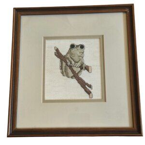 Vintage Frog Cross Stitch Art Framed Wall Decor Nature Cottagecore